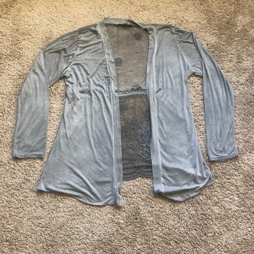 Loggia de Tessitori gray open front cardigan with mesh embroidered back panel